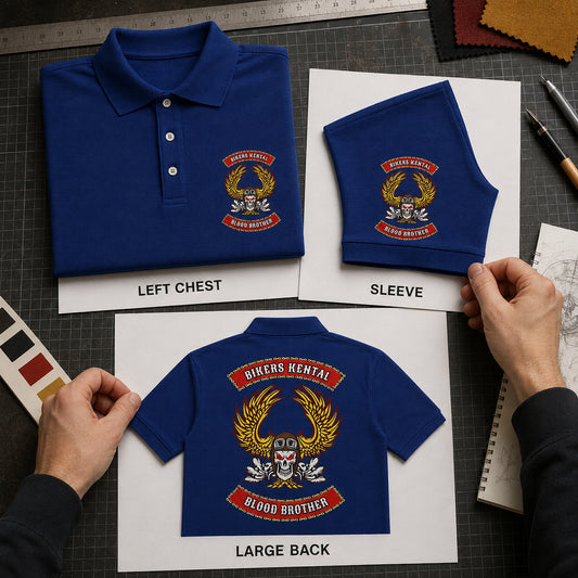 Hands align a proof sheet with a royal blue Bikers Kental polo, comparing left chest, sleeve, and large back artwork.