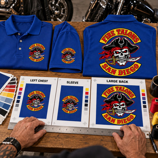 A designer prepares Fire Talons San Diego motorcycle club polo proofs for left chest, sleeve and large back placements.