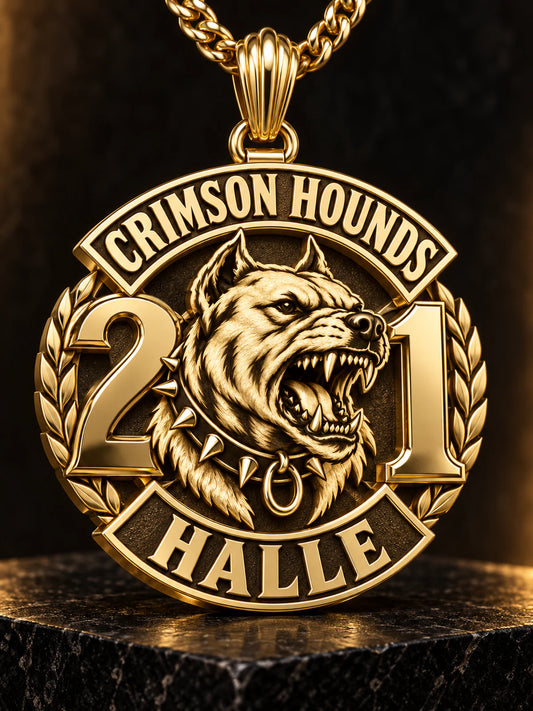 Crimson Hounds motorcycle club milestone pendant in solid 18K gold with the original 21 identifier integrated into the design, movable bail and chain.