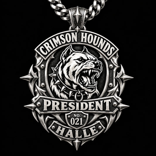 Crimson Hounds motorcycle club officer pendant with President and member number 021 built into the silver frame.