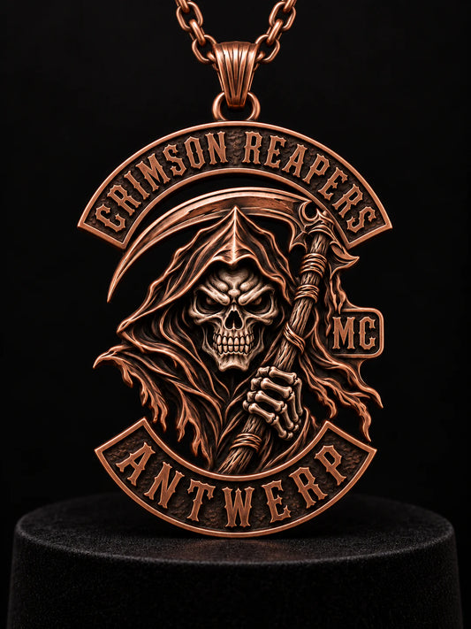 Crimson Reapers crest and rocker motorcycle club pendant in antique pure copper with a short chain.