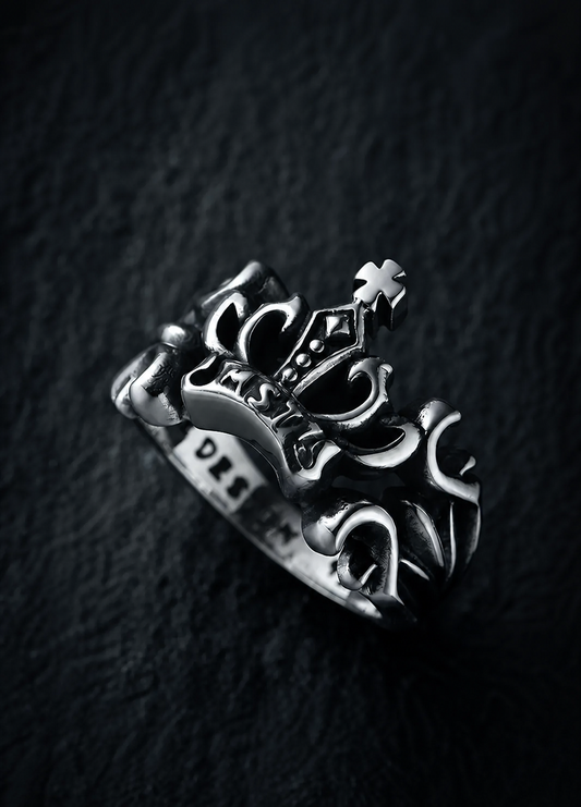 Cross Crown Sterling Silver Biker Ring - product view