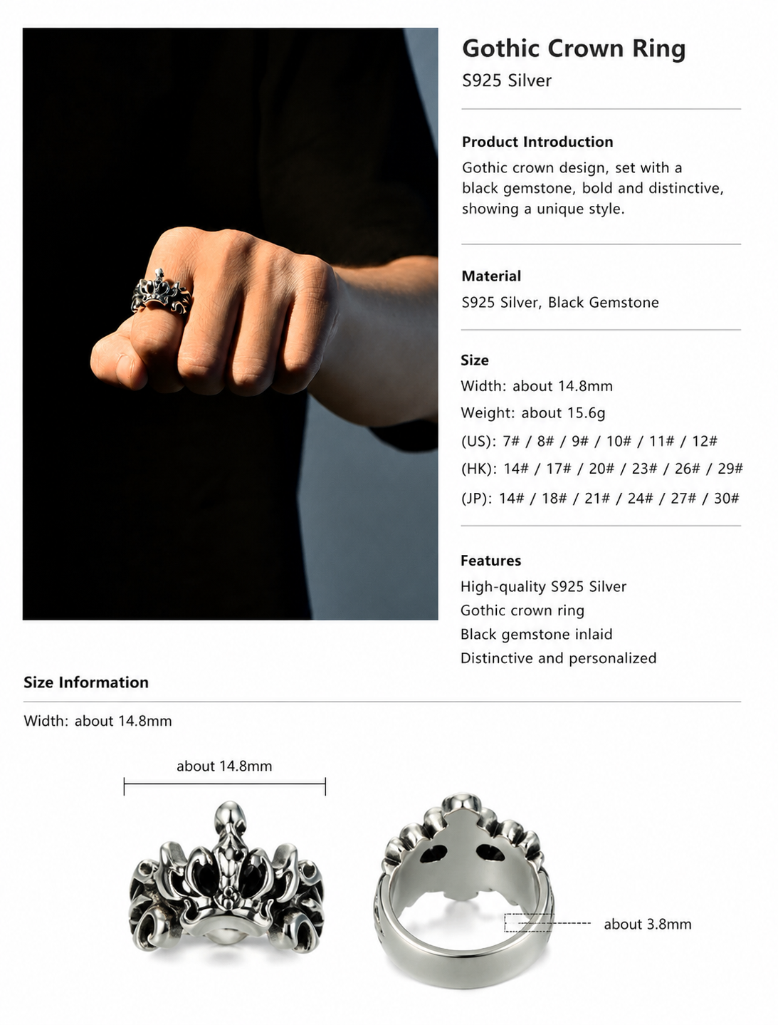 Cross Crown Sterling Silver Biker Ring - English product detail 10