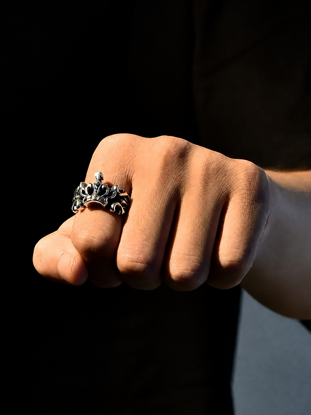 Cross Crown Sterling Silver Biker Ring - product view 2