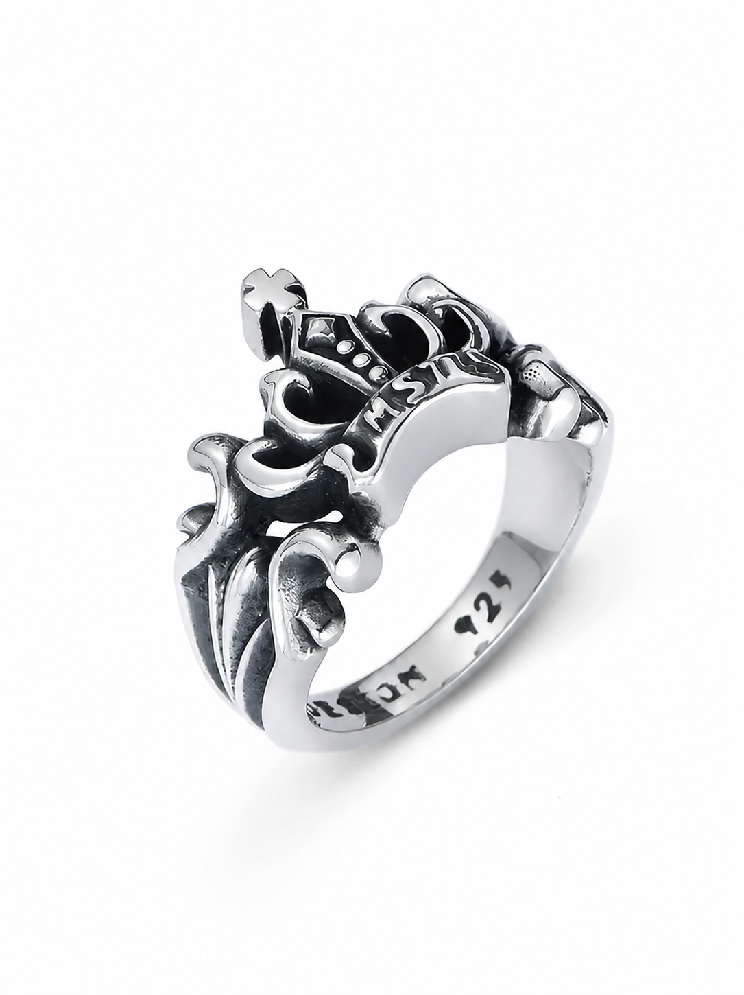 Cross Crown Sterling Silver Biker Ring - product view 4