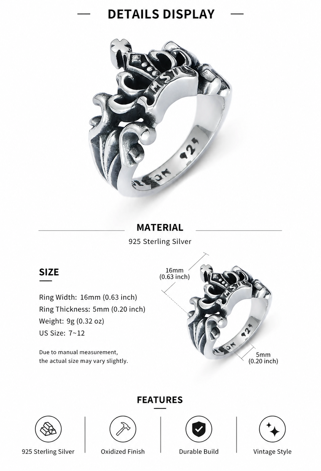 Cross Crown Sterling Silver Biker Ring - English product detail 8