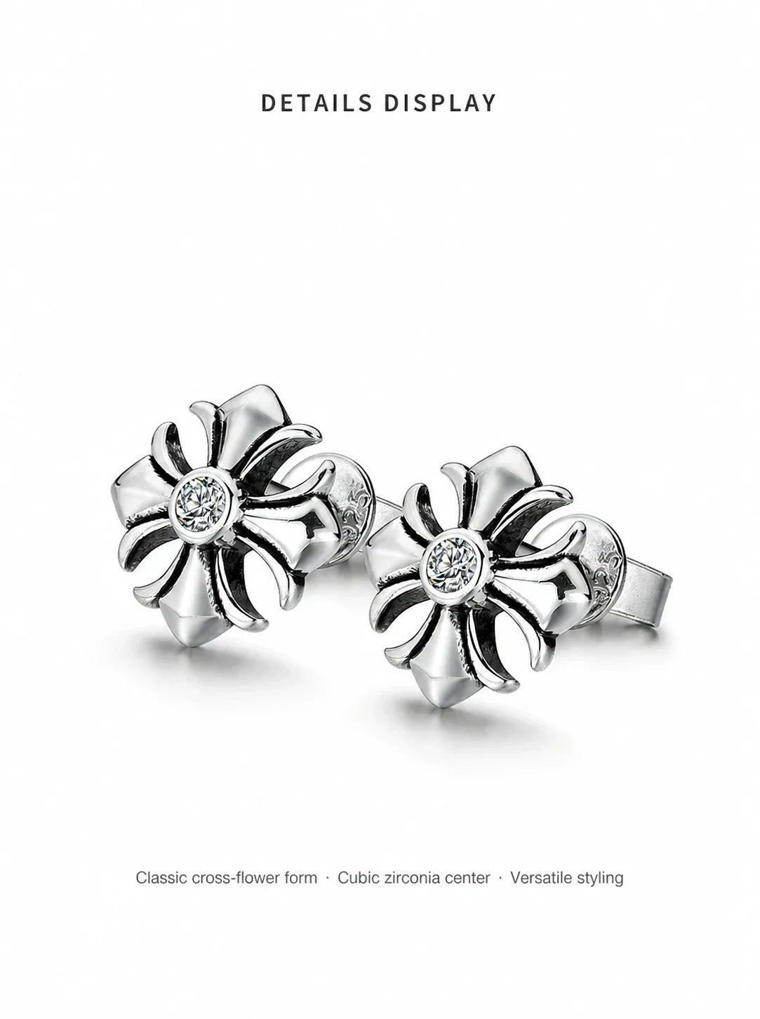 Sterling silver cross flower stud earrings details