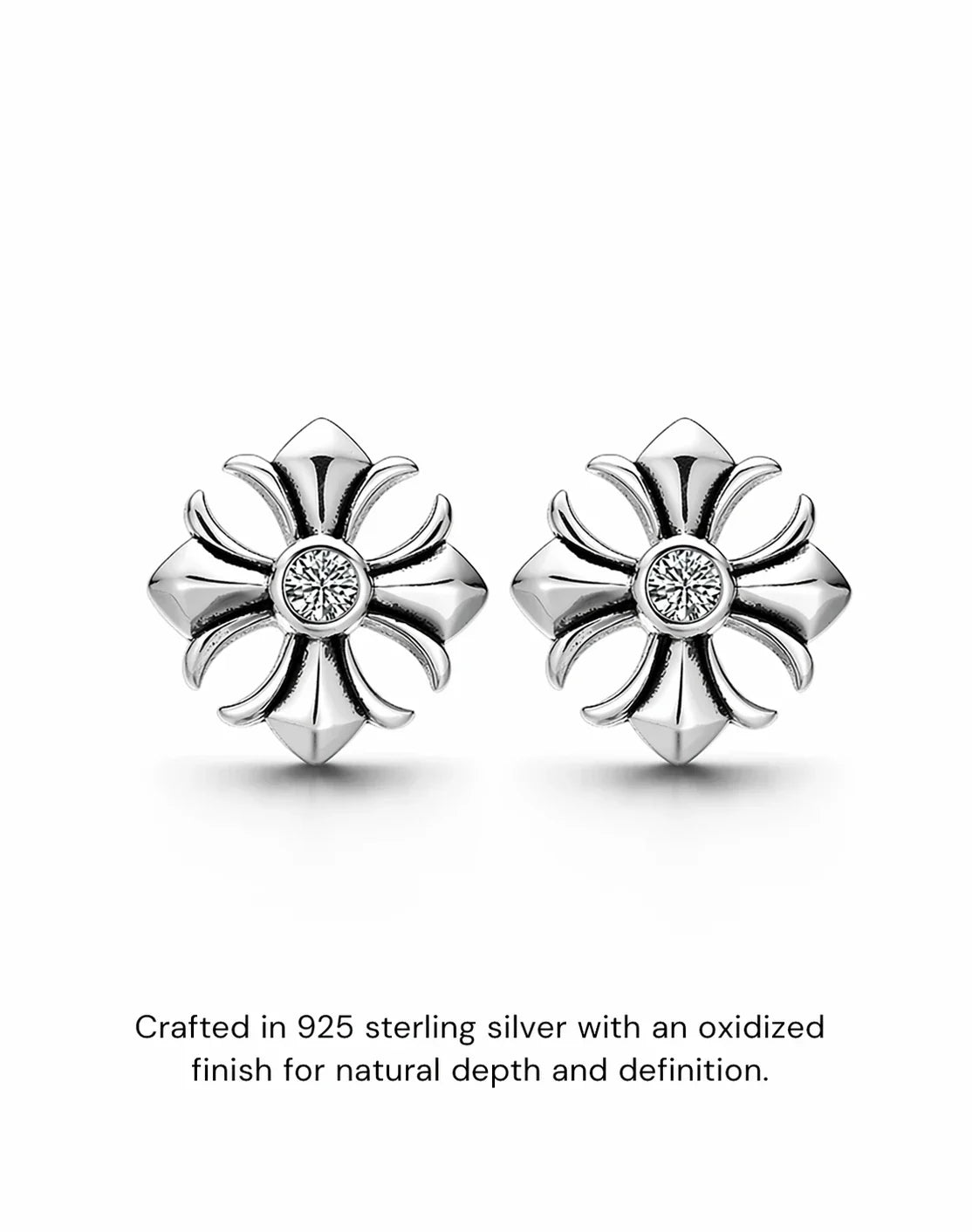 Cross flower stud earrings oxidized sterling silver finish