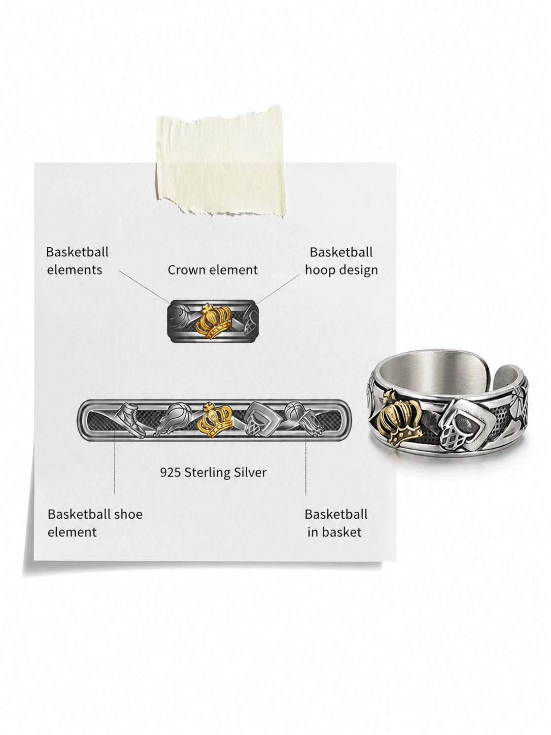 Crown Basketball Sterling Silver Ring - product view 5