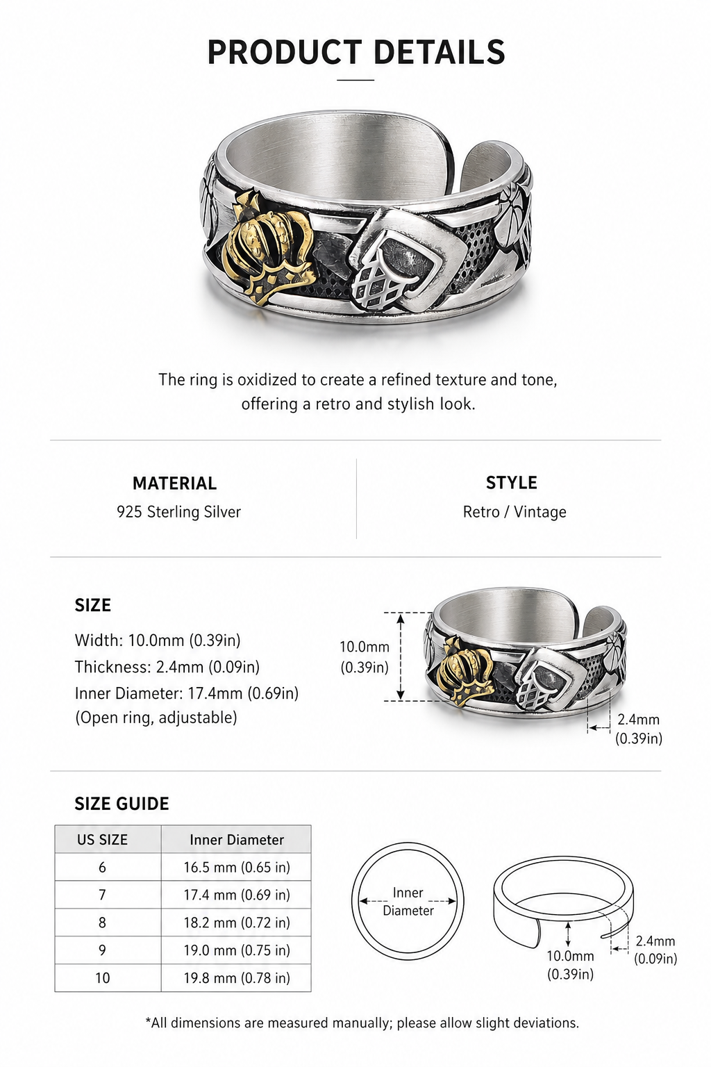 Crown Basketball Sterling Silver Ring - English product detail 9