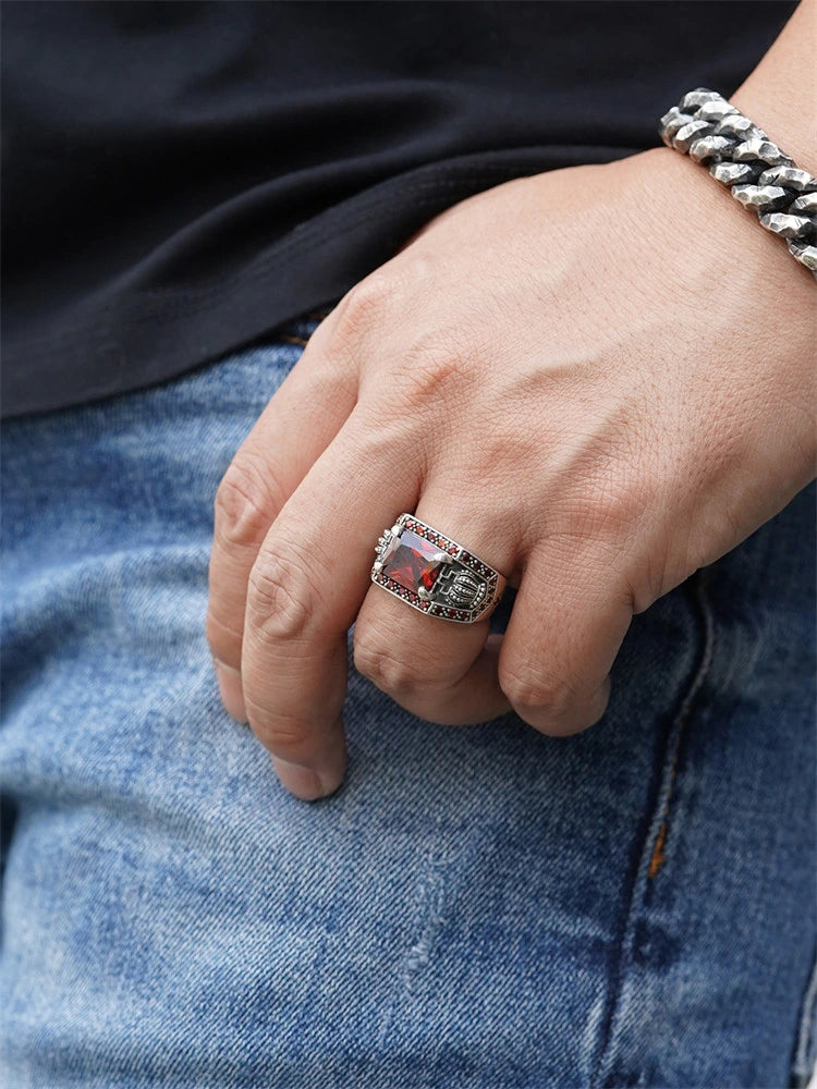 Crown Heart Red Gem 925 Sterling Silver Biker Ring product view 3