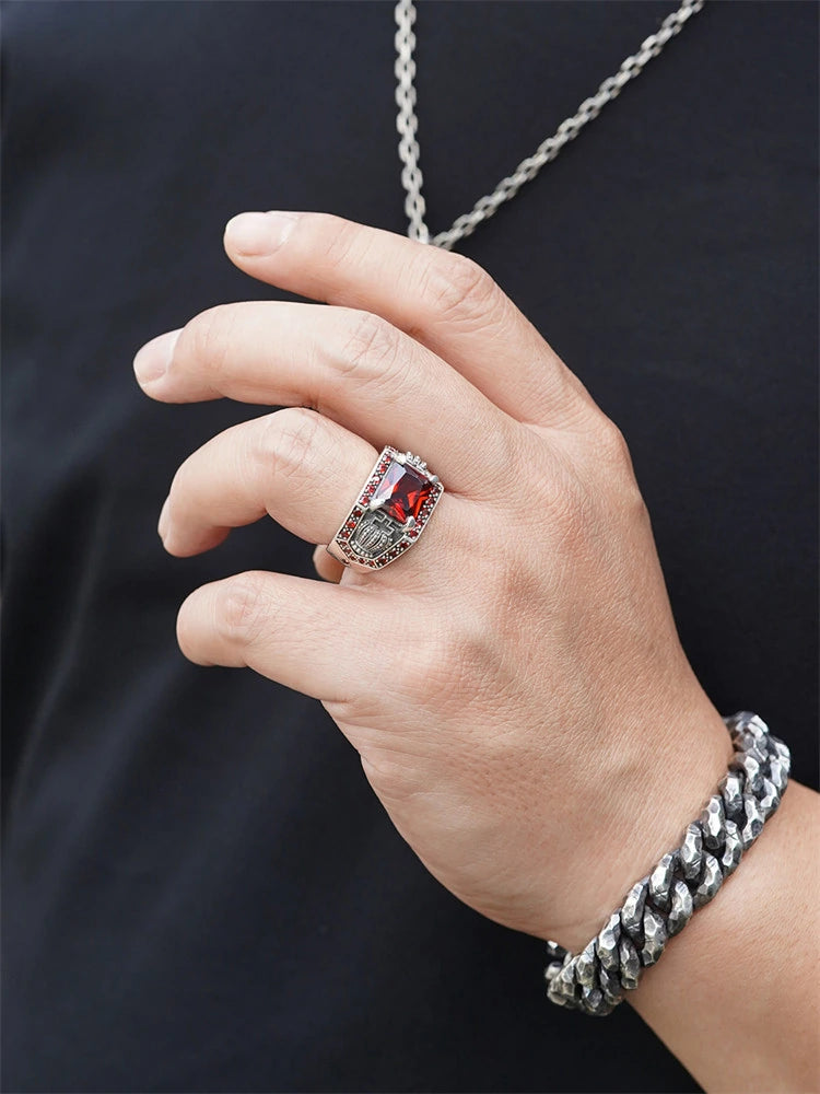 Crown Heart Red Gem 925 Sterling Silver Biker Ring product view 4