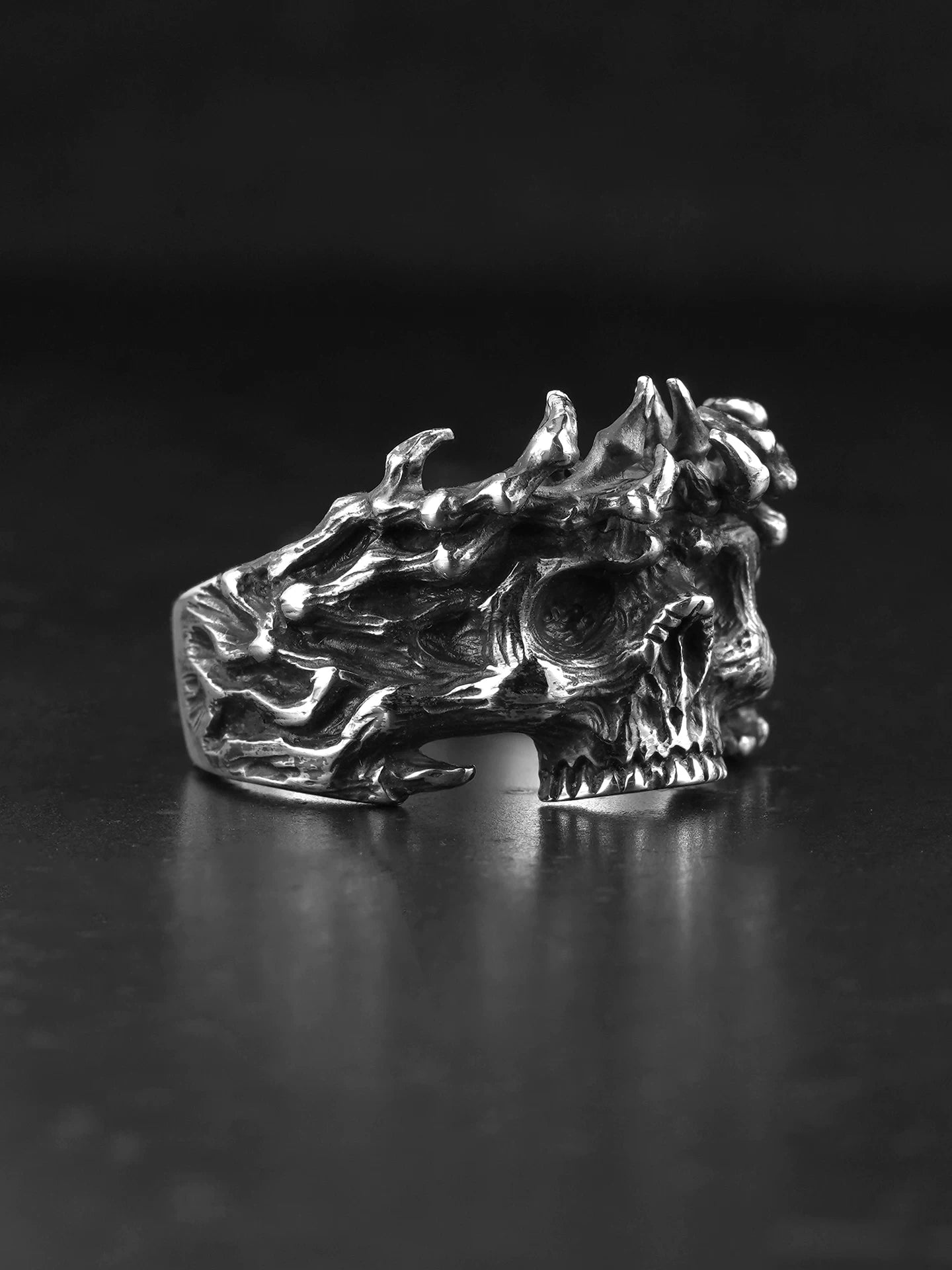 crown of thorns skull 925 sterling silver biker ring — side view