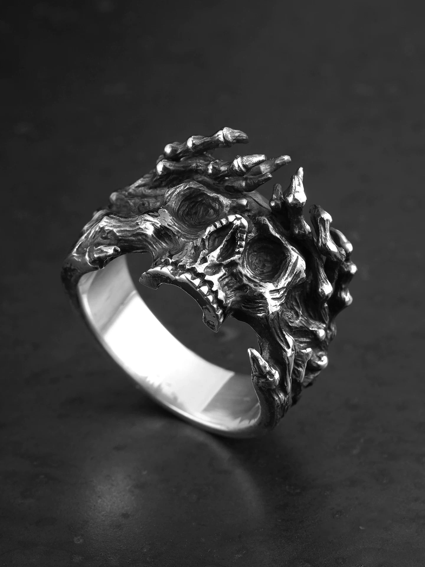 crown of thorns skull 925 sterling silver biker ring — on-hand view