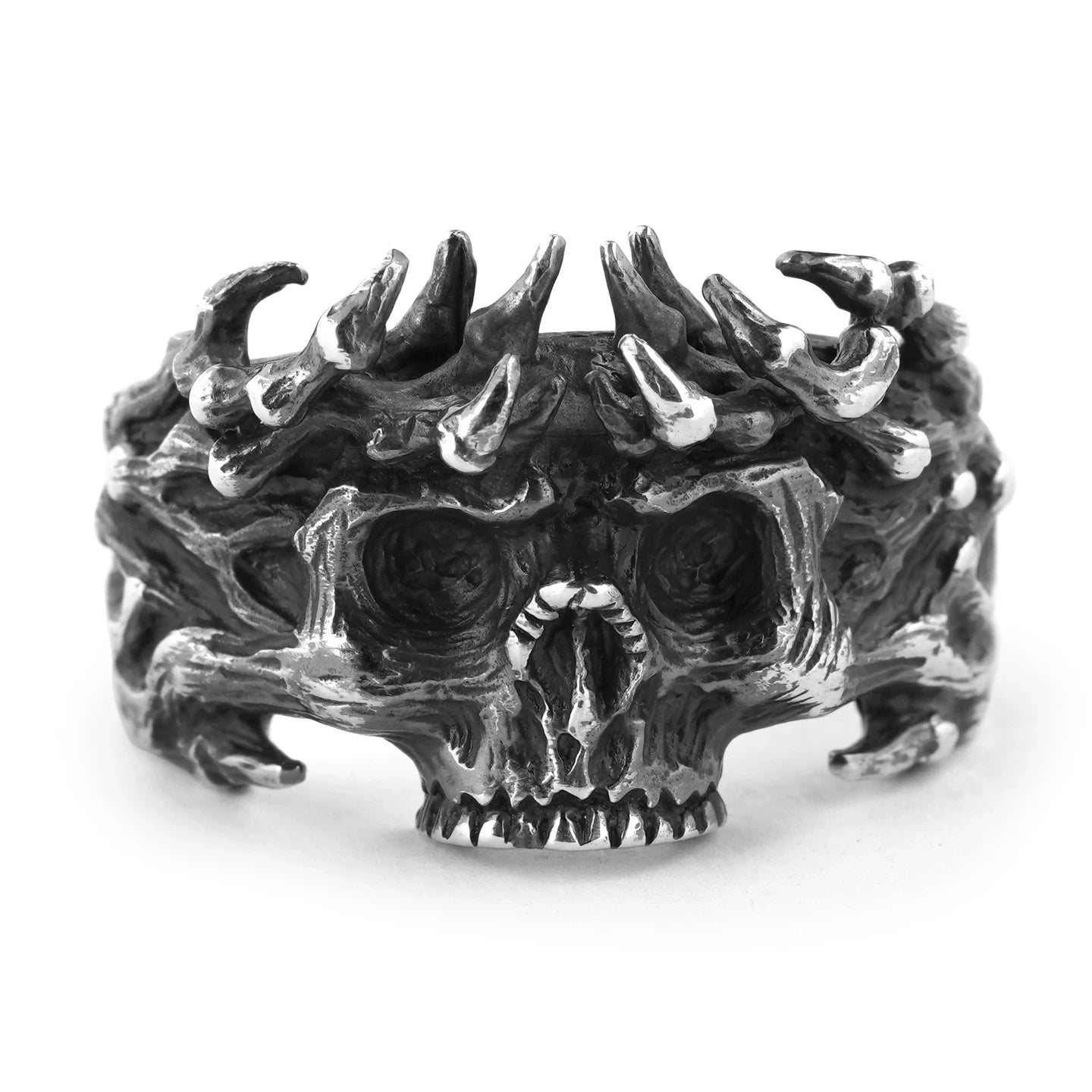 crown of thorns skull 925 sterling silver biker ring — finish view
