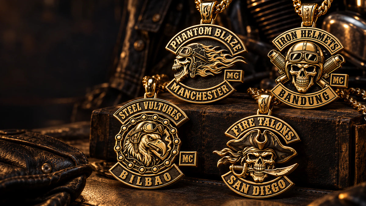 Custom 18K gold-plated motorcycle club pendant concepts displayed in a dark premium clubhouse setting.