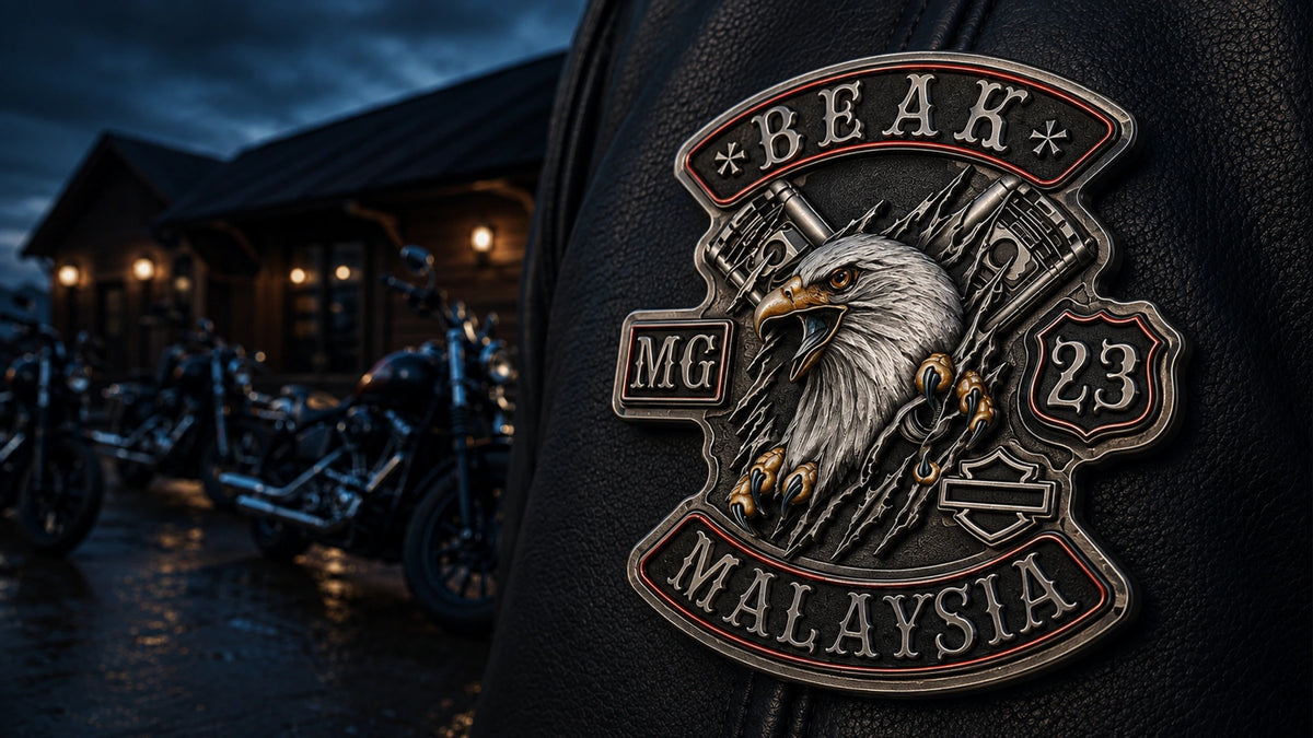 One-piece custom 3D biker pin with a connected antique silver motorcycle club emblem on black leather.