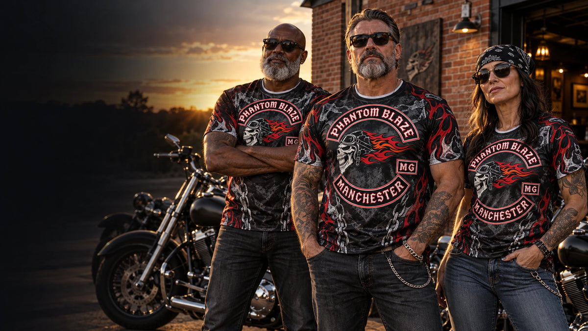 Motorcycle club members wearing custom all-over print performance T-shirts beside V-twin motorcycles.