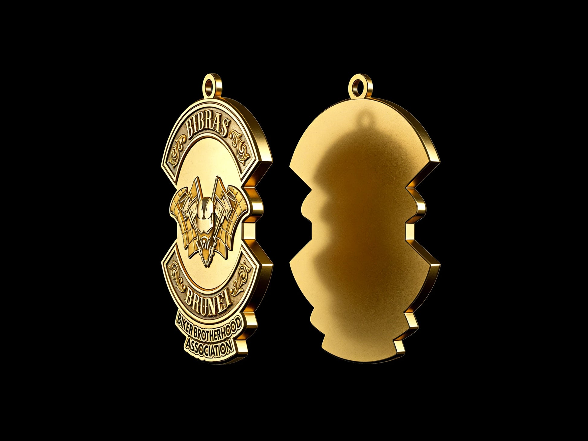 Custom bat crest motorcycle club pendant craftsmanship reference, back and front