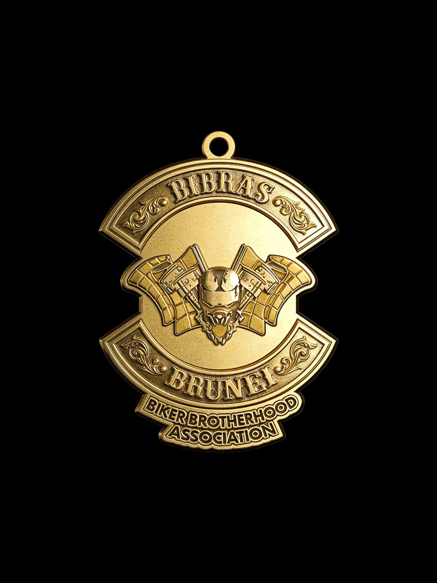 Custom bat crest motorcycle club pendant craftsmanship reference, front view