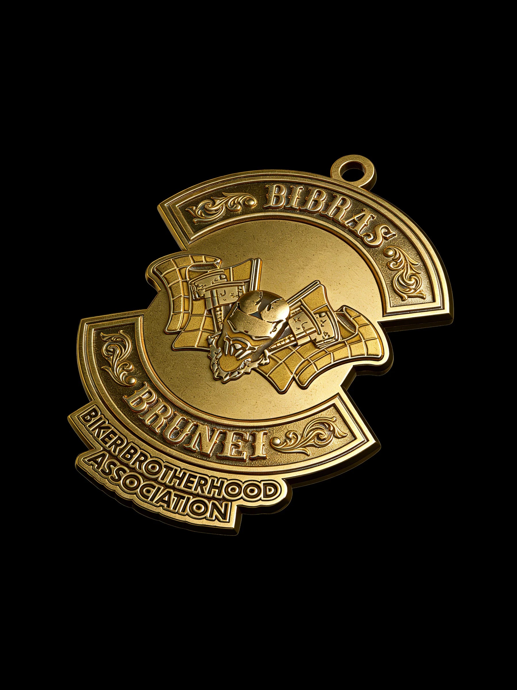 Custom bat crest motorcycle club pendant craftsmanship reference, left angle
