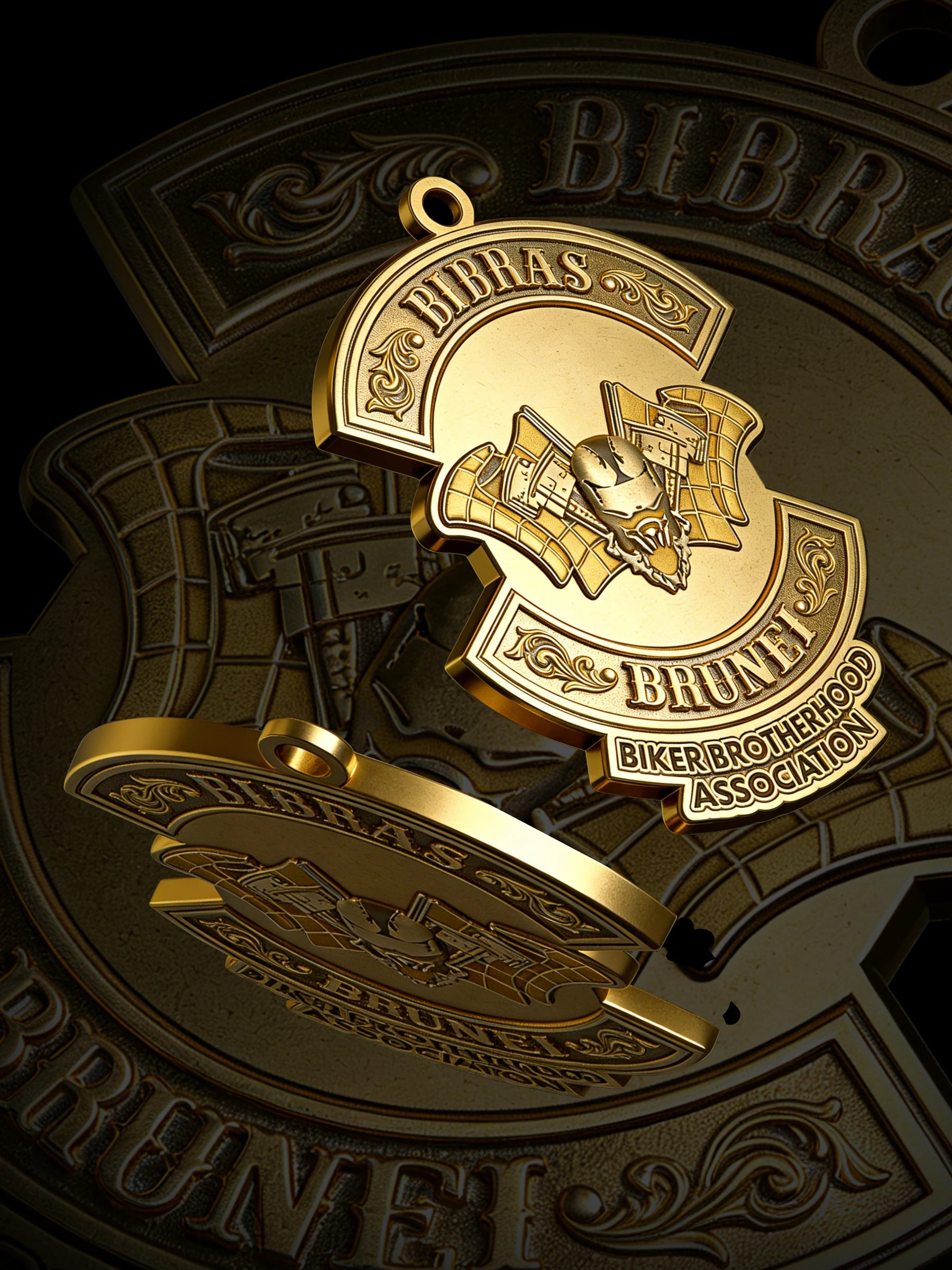 Custom bat crest motorcycle club pendant craftsmanship reference, paired display