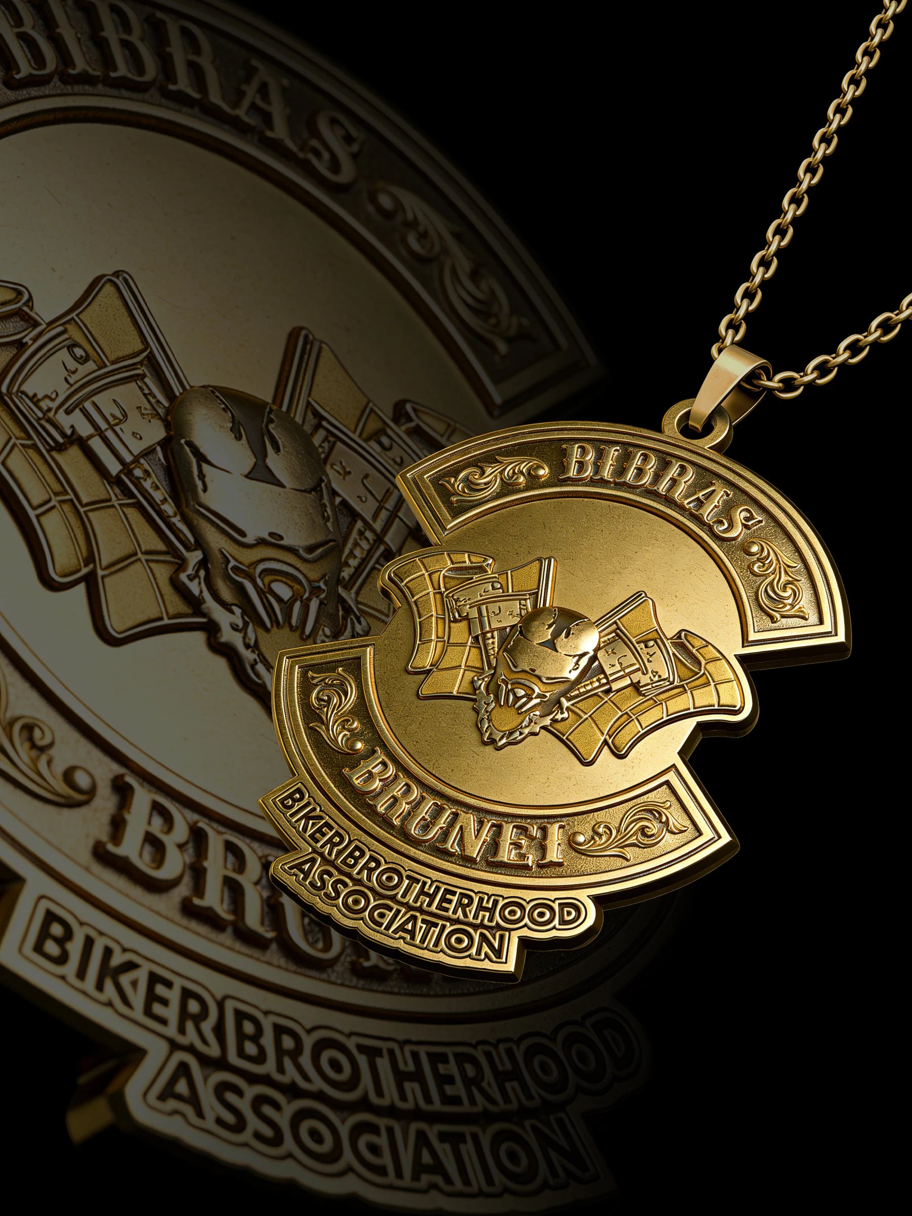 Custom bat crest motorcycle club pendant craftsmanship reference, raised relief detail