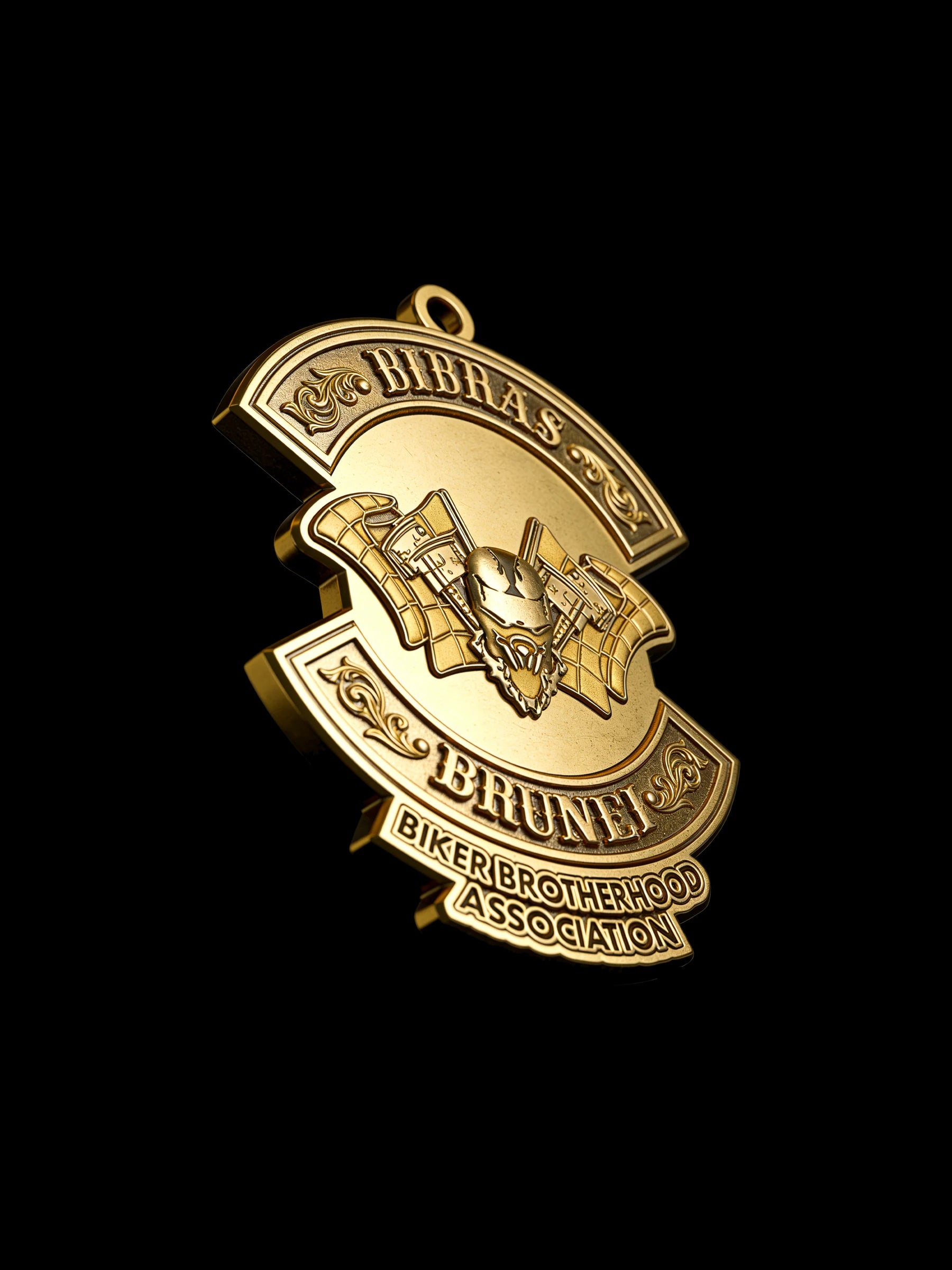 Custom bat crest motorcycle club pendant craftsmanship reference, right angle