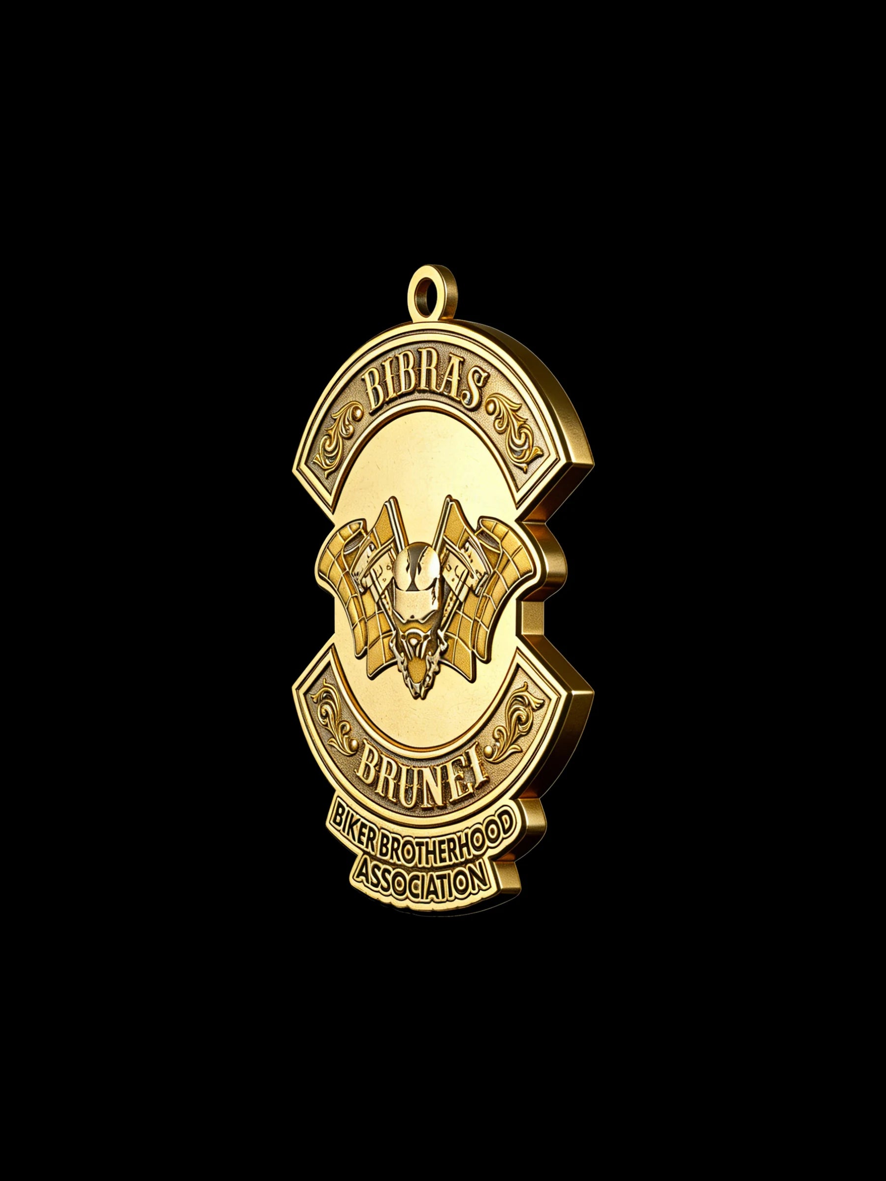 Custom bat crest motorcycle club pendant craftsmanship reference, three quarter view