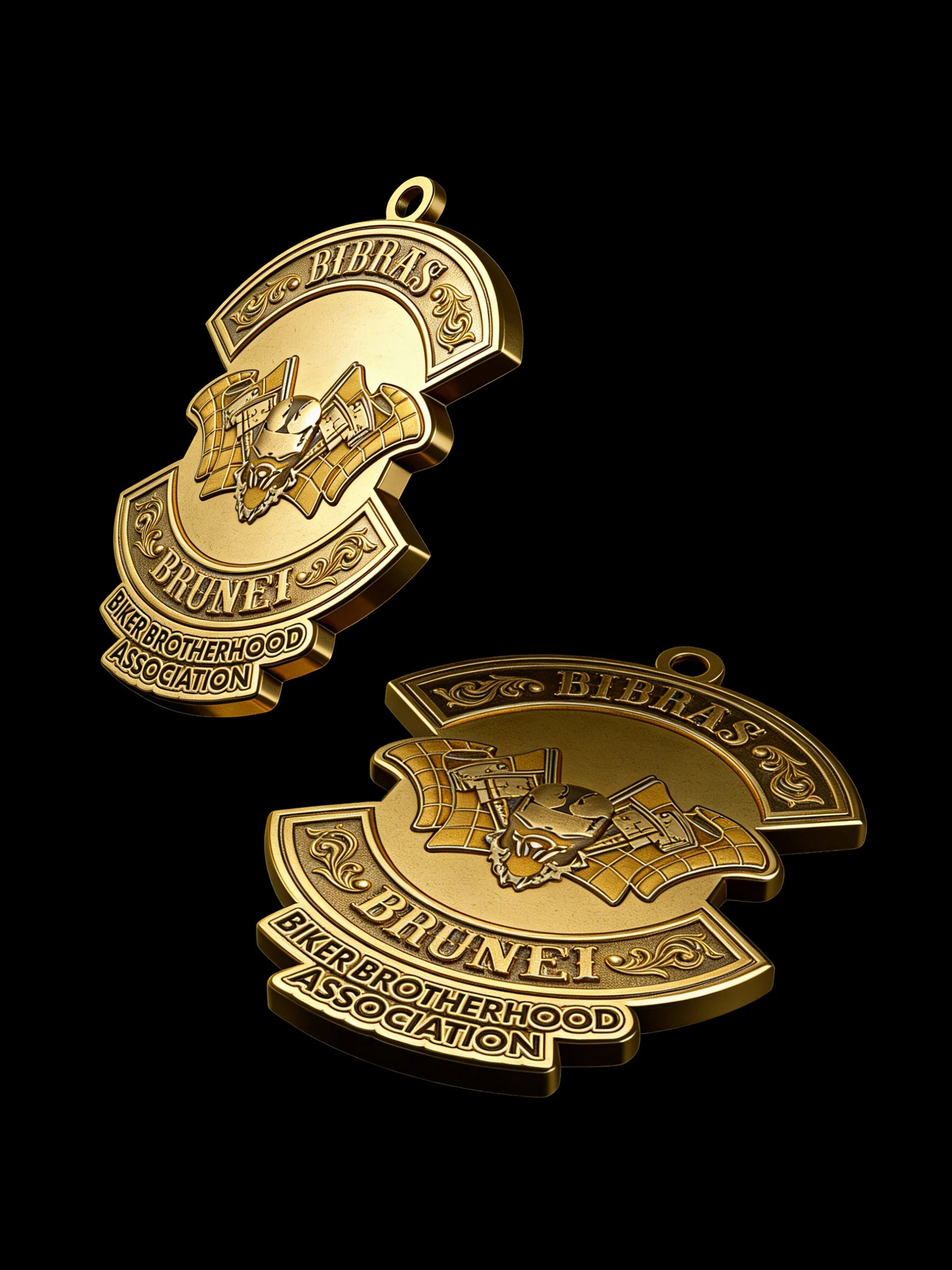 Custom bat crest motorcycle club pendant craftsmanship reference, with chain