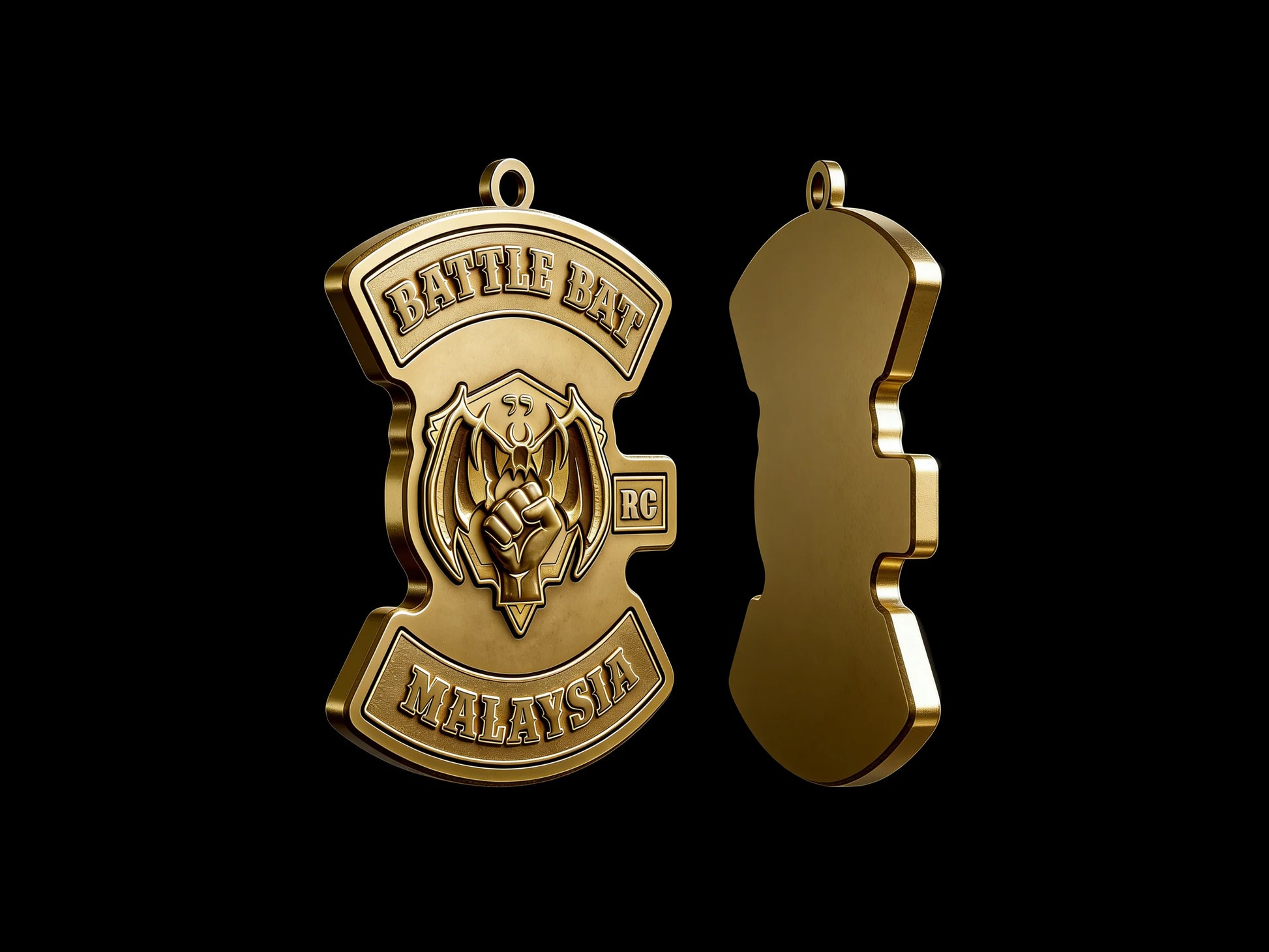 Custom battle helmet motorcycle club pendant craftsmanship reference, back and front