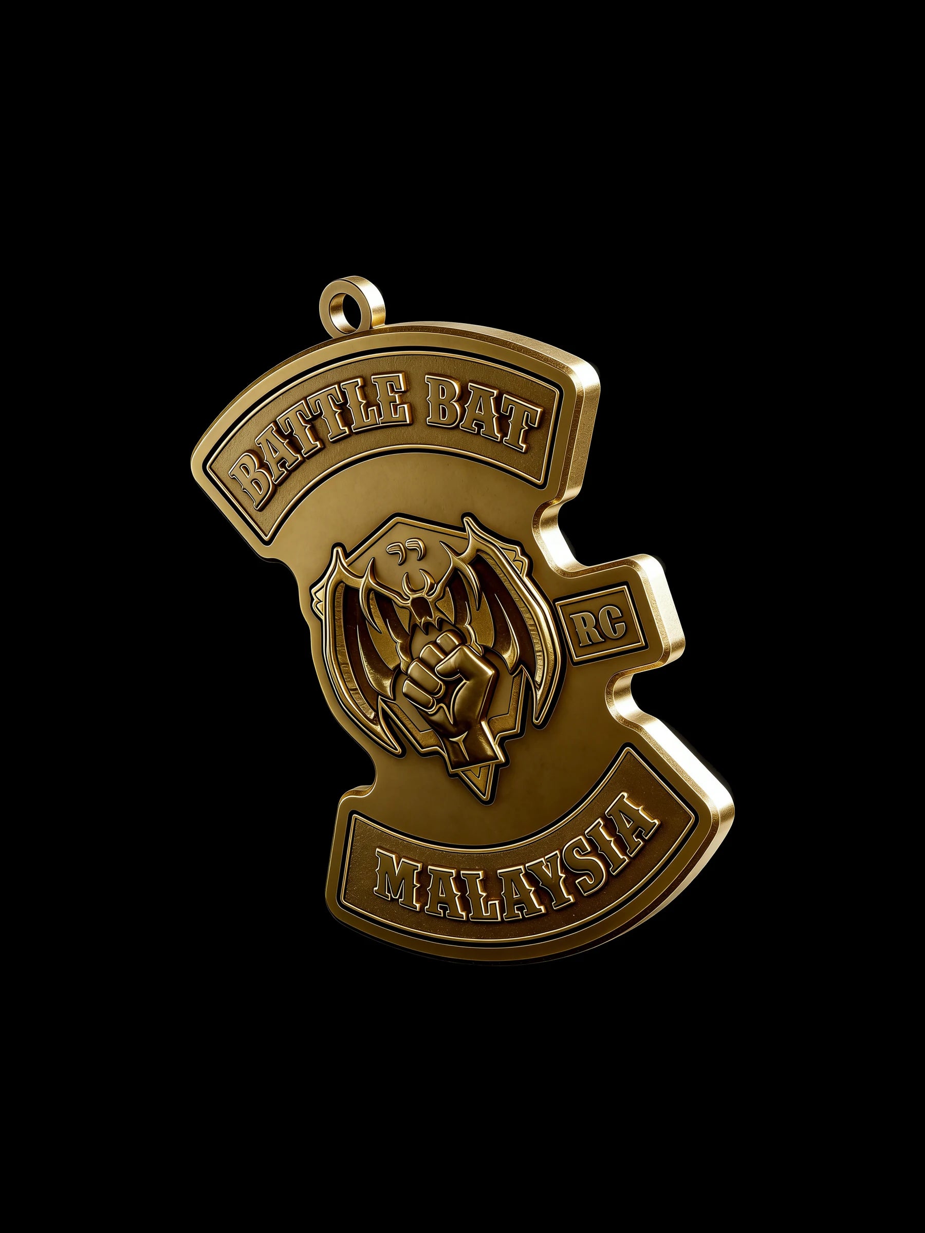 Custom battle helmet motorcycle club pendant craftsmanship reference, left angle