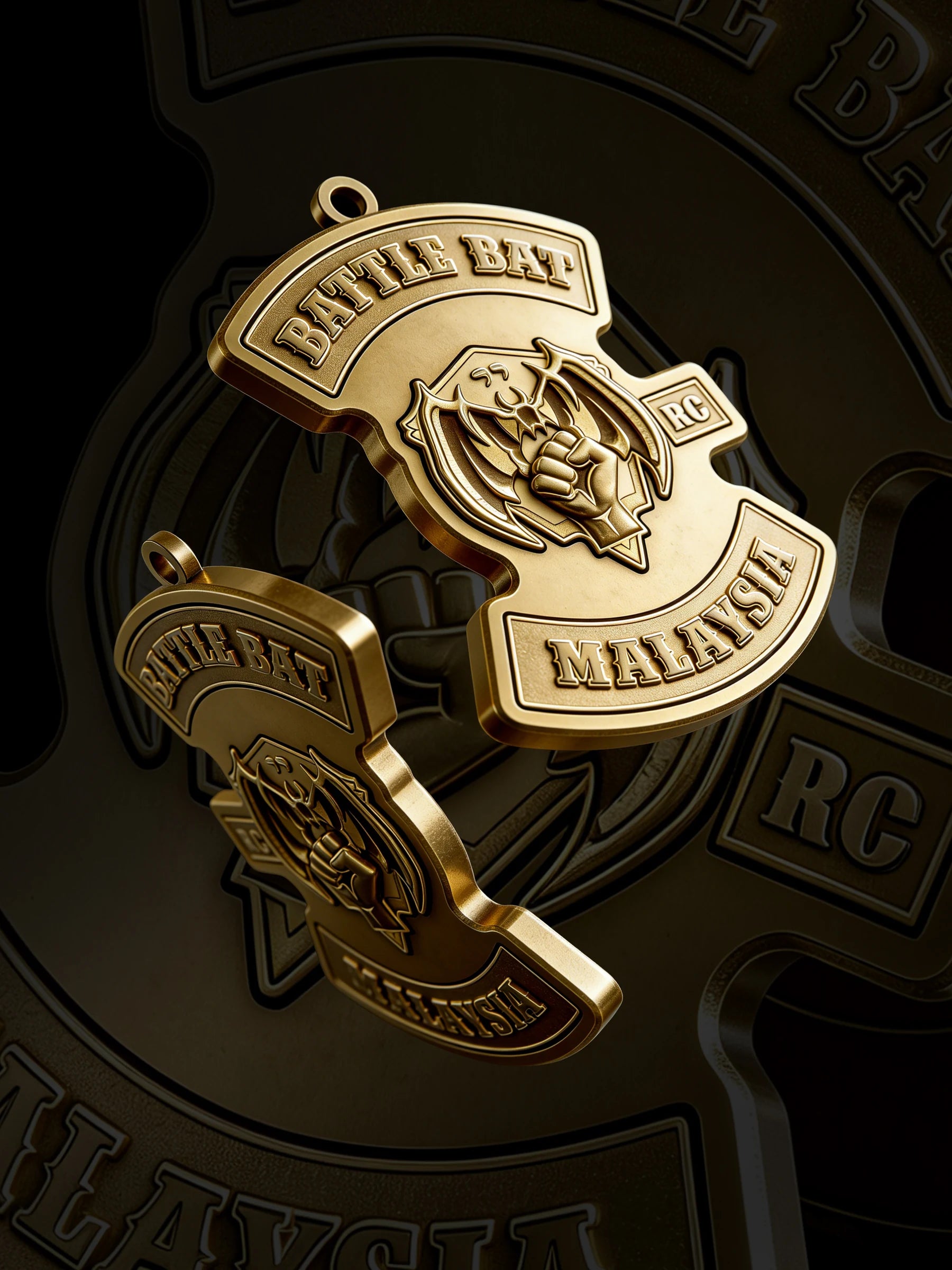 Custom battle helmet motorcycle club pendant craftsmanship reference, paired display