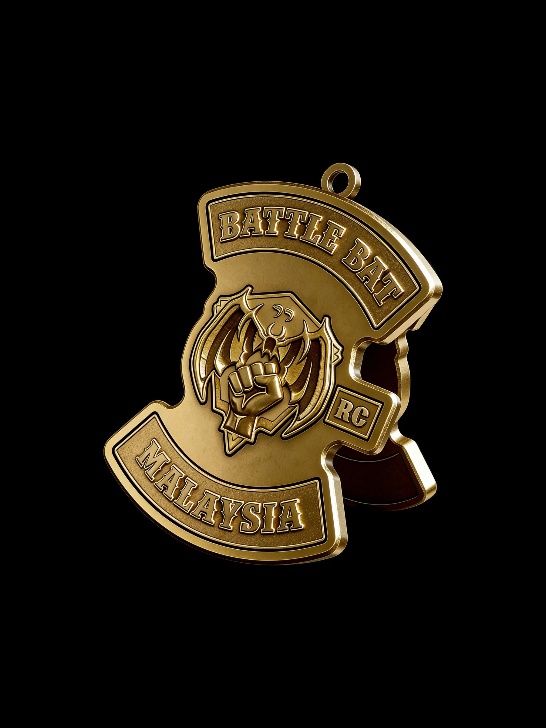 Custom battle helmet motorcycle club pendant craftsmanship reference, three quarter view