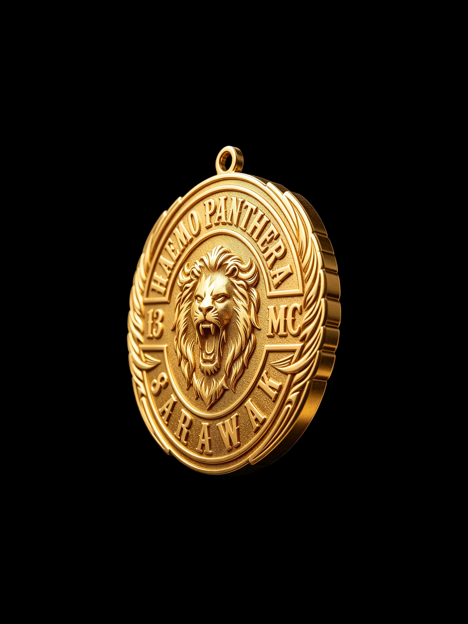 Right-angle view showing the depth and rope border of a custom lion biker club pendant