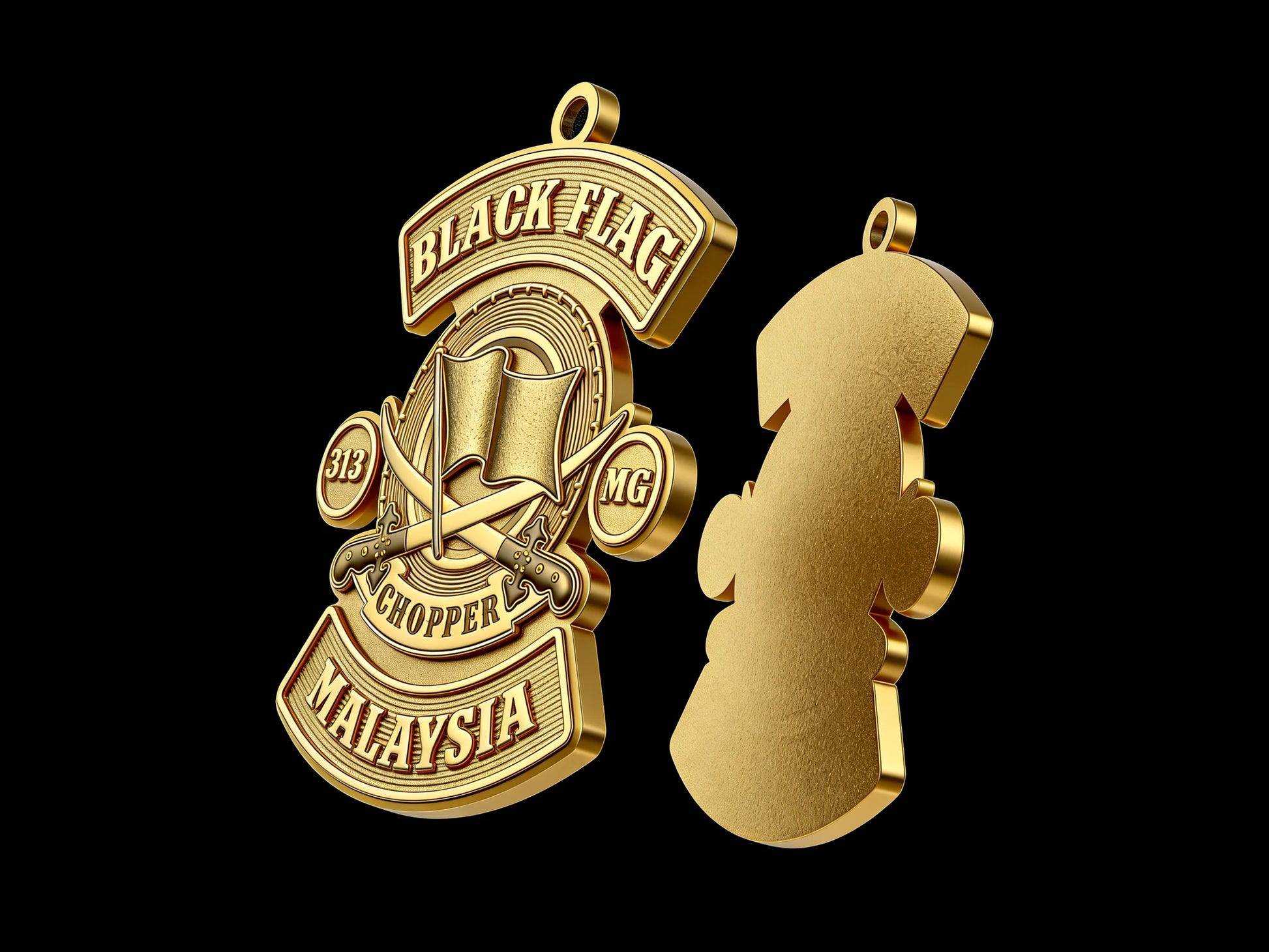 Custom black flag motorcycle club pendant craftsmanship reference, back and front