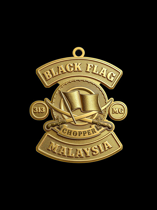 Custom black flag motorcycle club pendant craftsmanship reference, front view