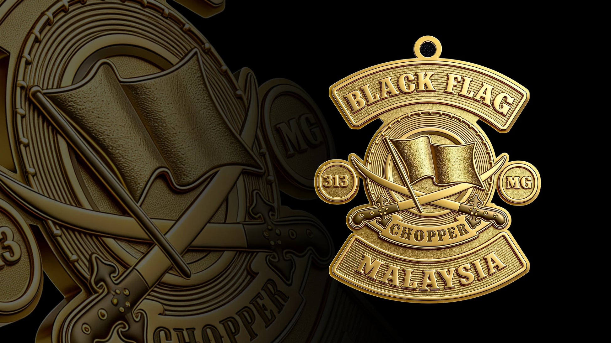 Custom black flag motorcycle club pendant craftsmanship reference, gallery layout