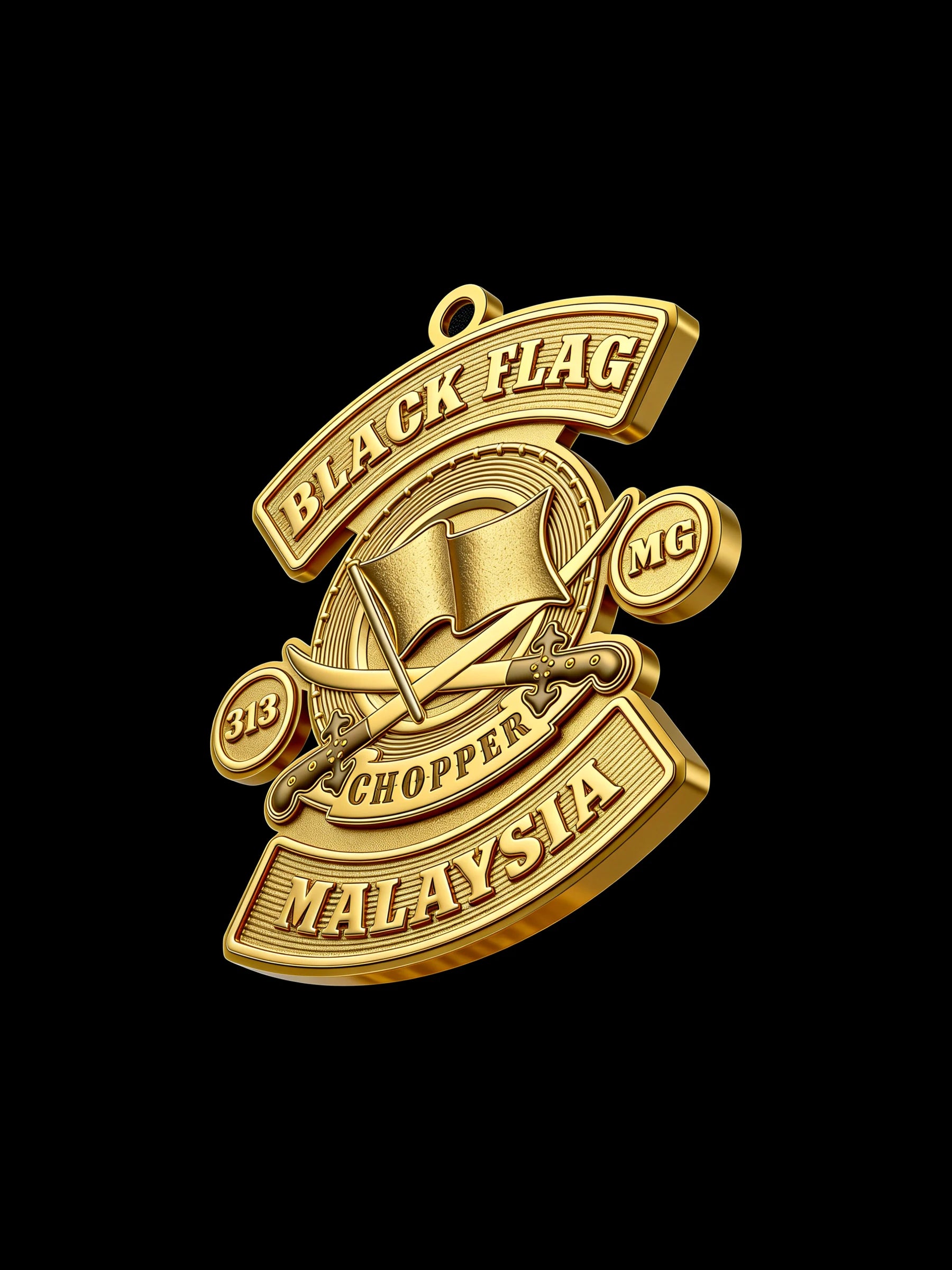 Custom black flag motorcycle club pendant craftsmanship reference, left angle