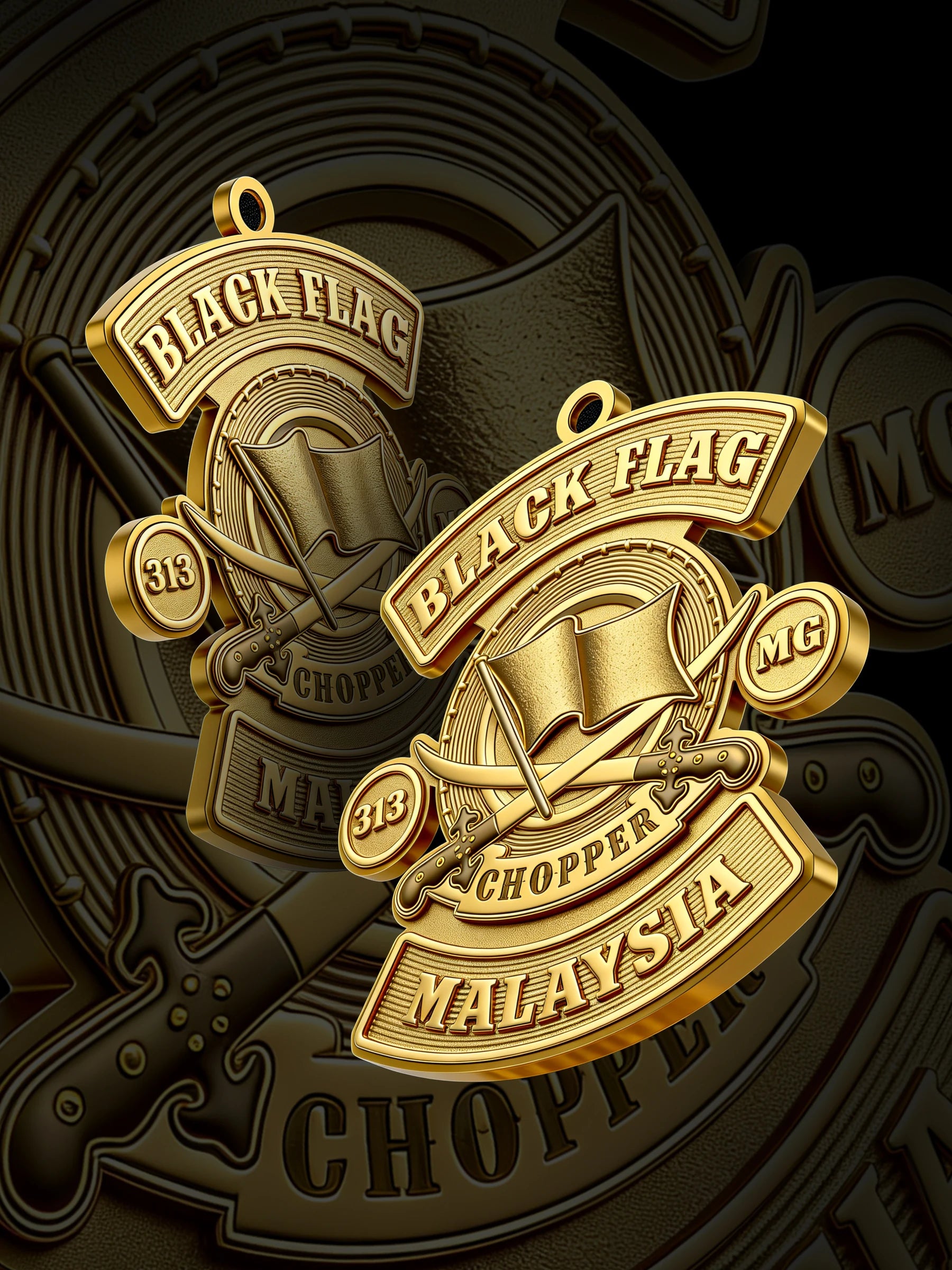 Custom black flag motorcycle club pendant craftsmanship reference, paired display