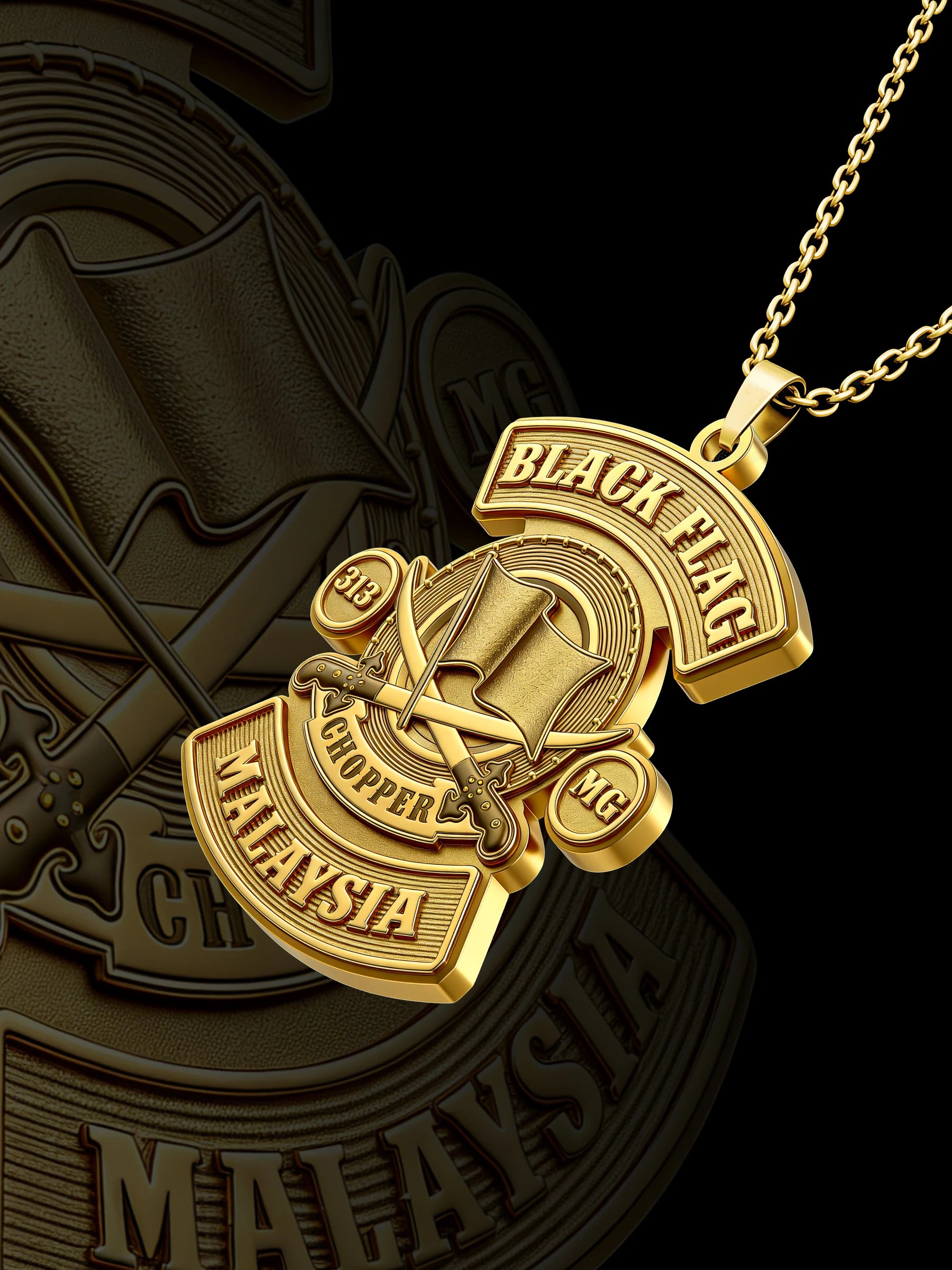 Custom black flag motorcycle club pendant craftsmanship reference, raised relief detail