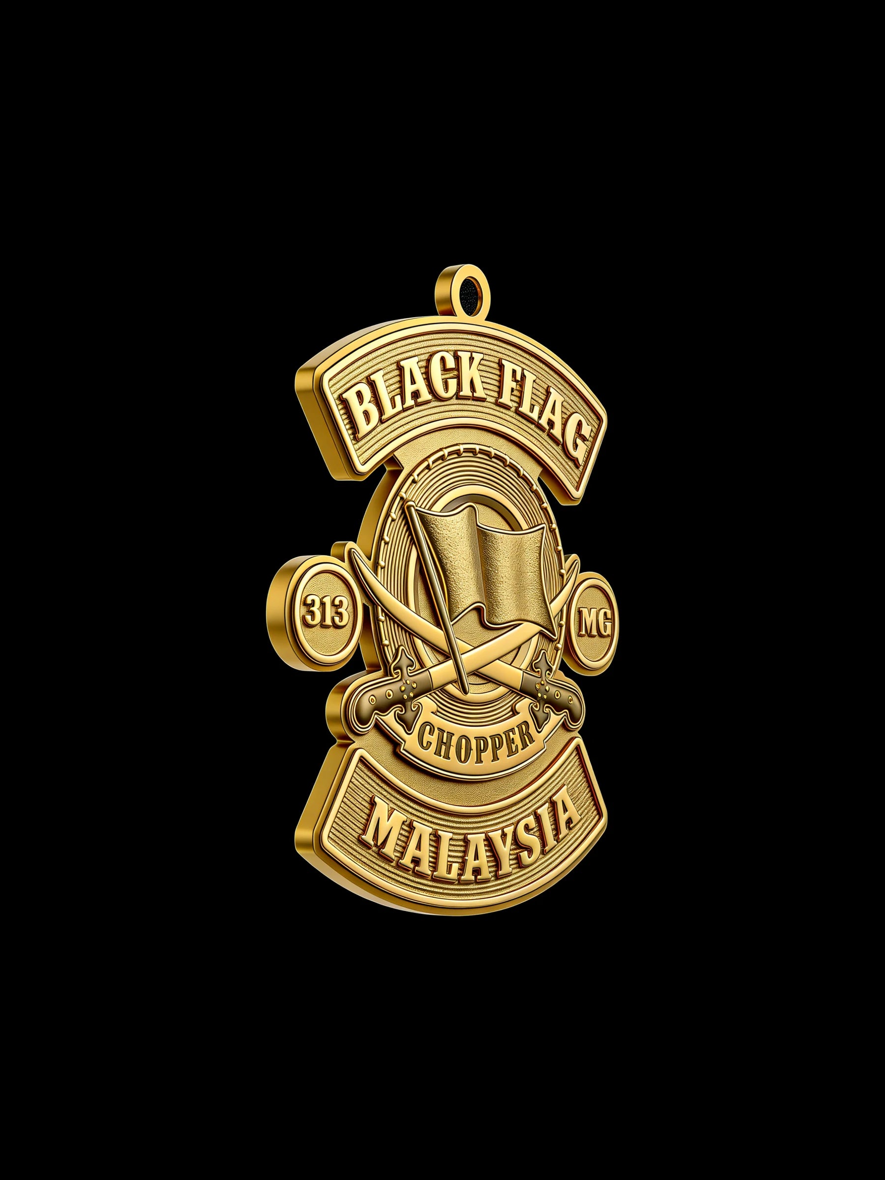 Custom black flag motorcycle club pendant craftsmanship reference, right angle