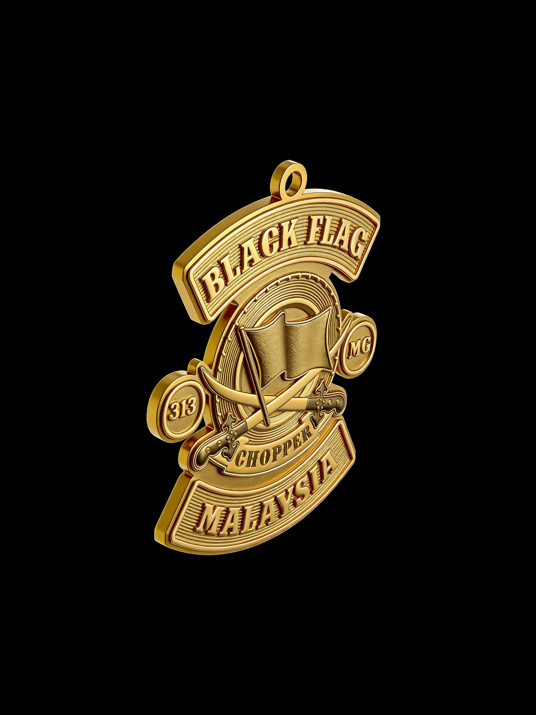 Custom black flag motorcycle club pendant craftsmanship reference, side profile
