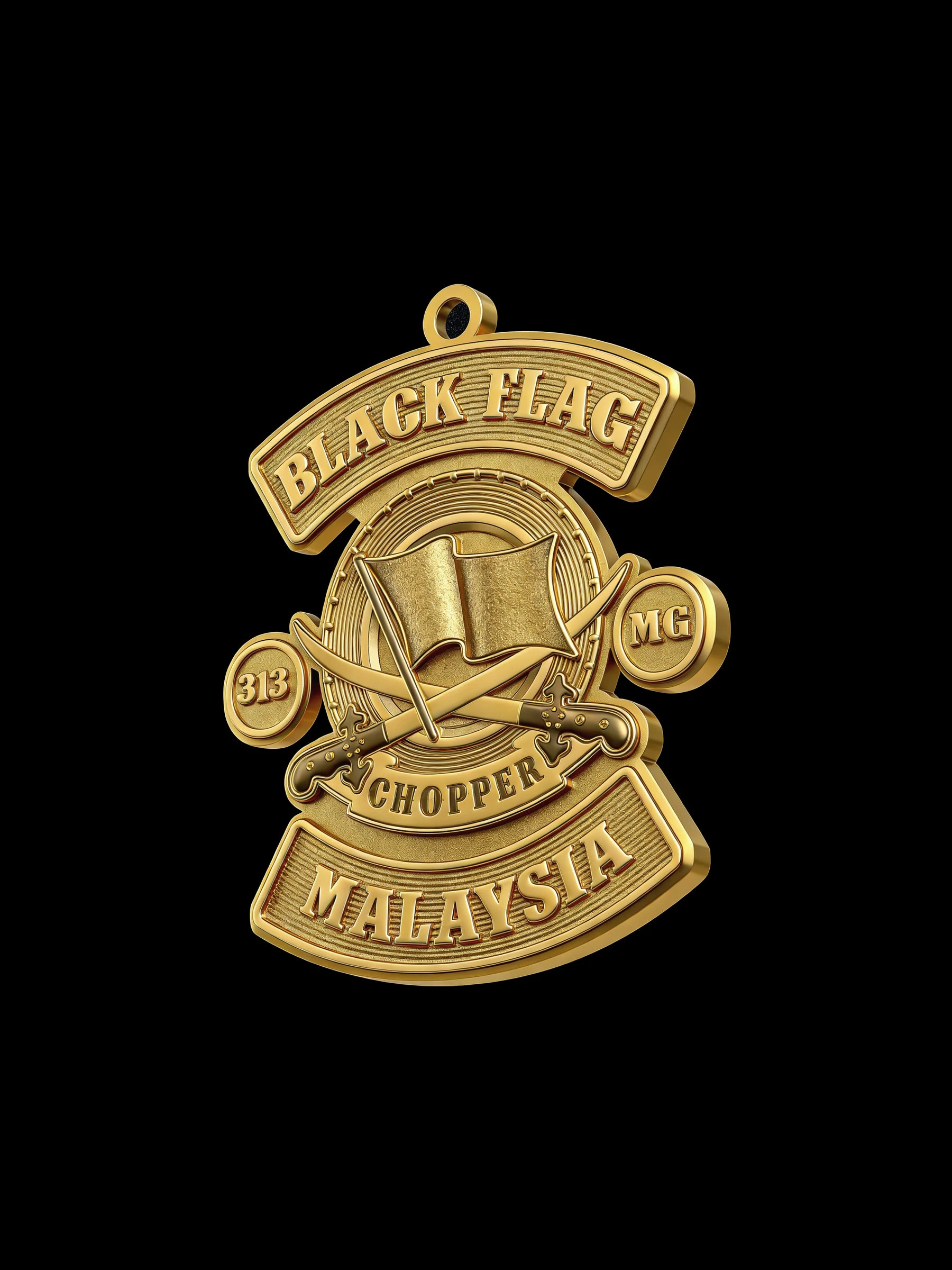 Custom black flag motorcycle club pendant craftsmanship reference, three quarter view
