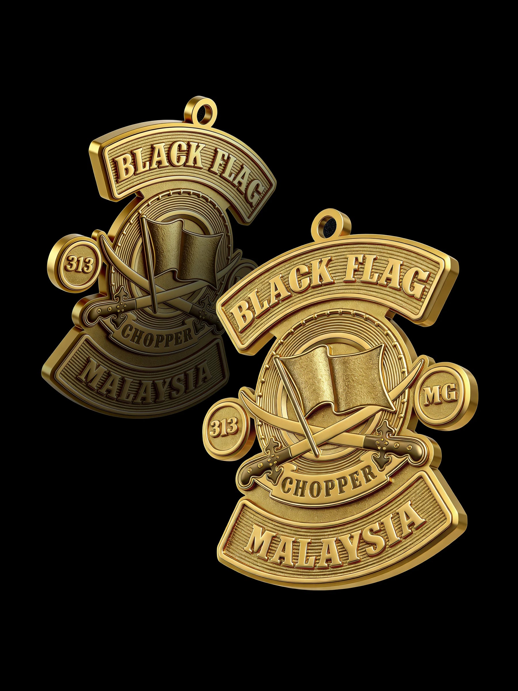 Custom black flag motorcycle club pendant craftsmanship reference, with chain