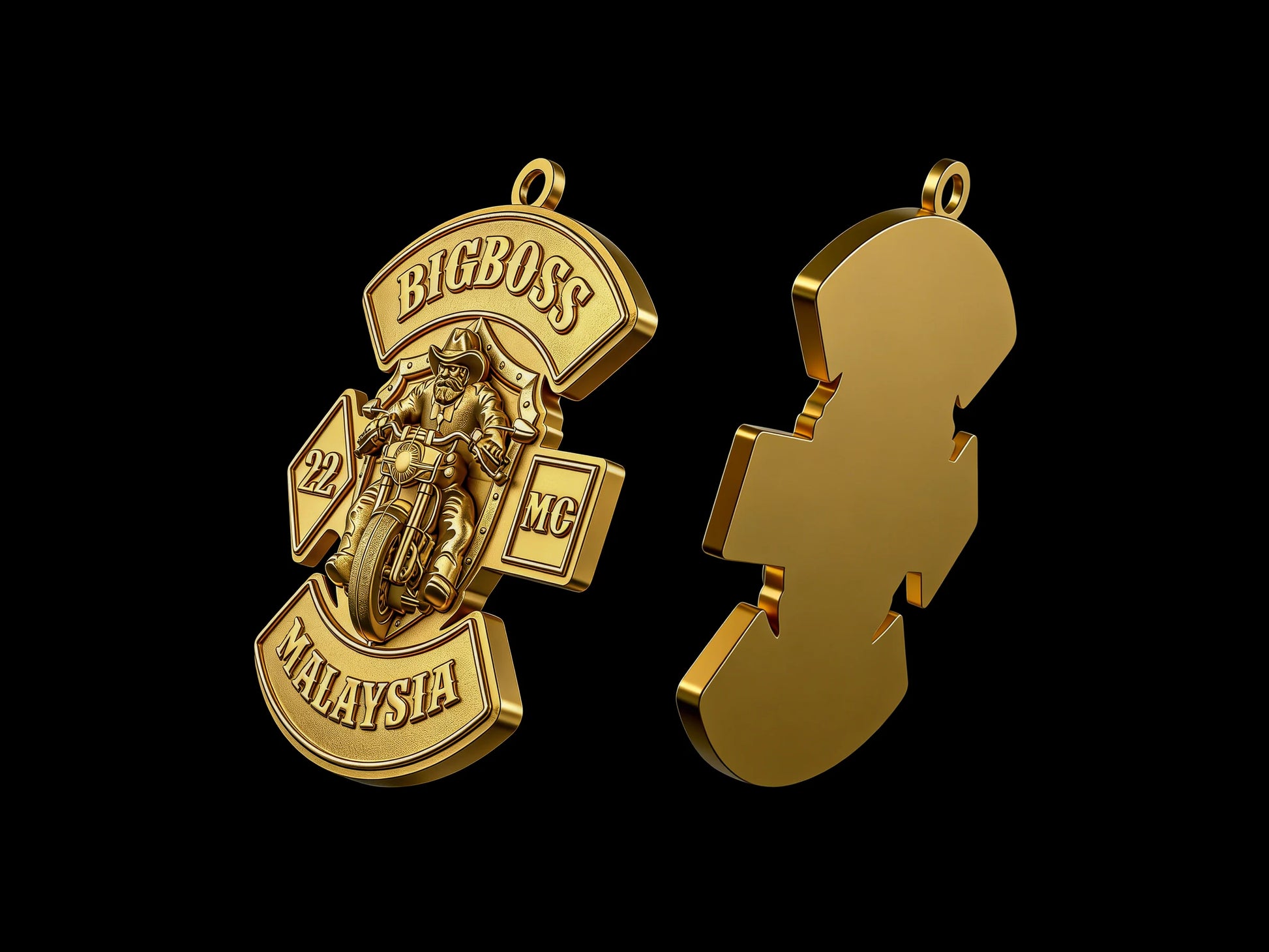 Custom boss helmet motorcycle club pendant craftsmanship reference, back and front