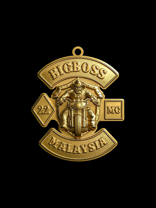 Custom boss helmet motorcycle club pendant craftsmanship reference, front view