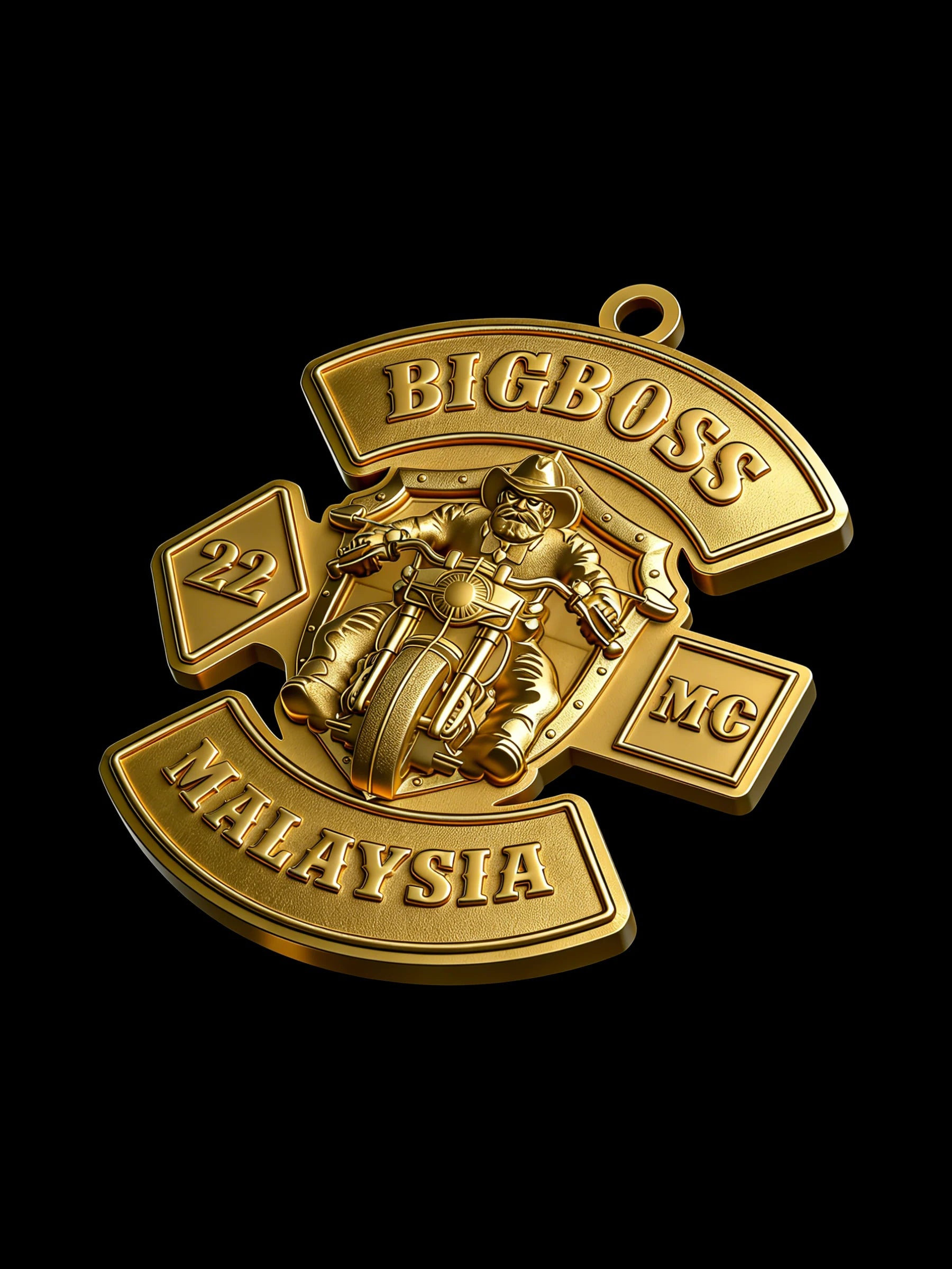 Custom boss helmet motorcycle club pendant craftsmanship reference, left angle
