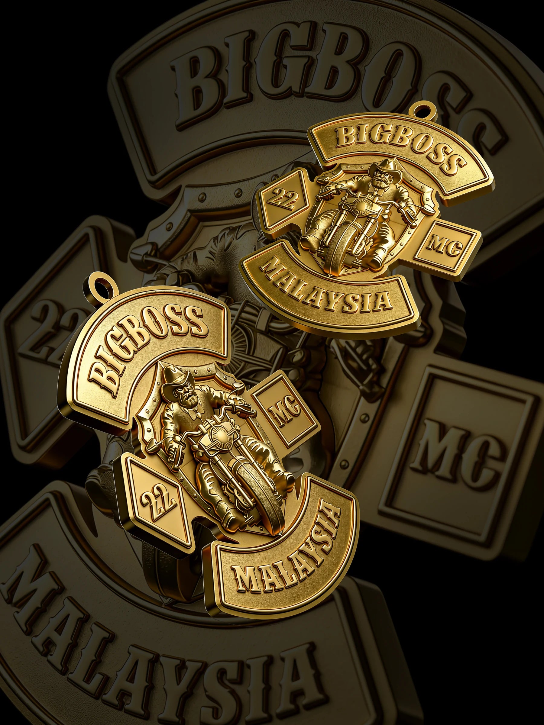 Custom boss helmet motorcycle club pendant craftsmanship reference, paired display