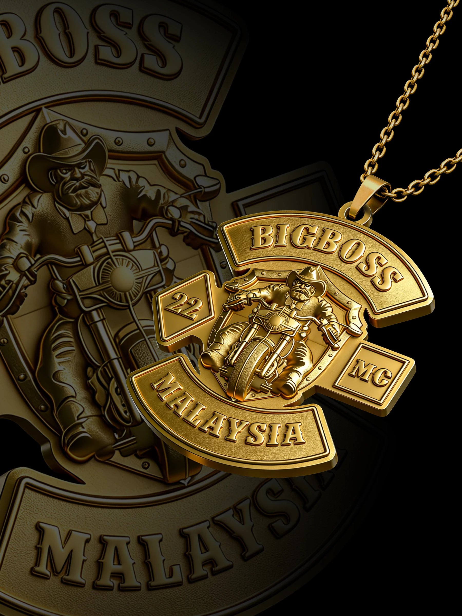 Custom boss helmet motorcycle club pendant craftsmanship reference, raised relief detail